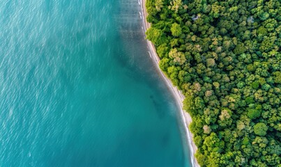 Coastal forest meets turquoise ocean water aerial view landscape background