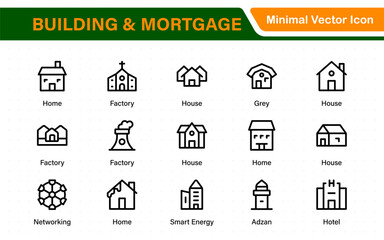 Building and Mortgage icon set. Includes house, real estate, bank, mortgage contract, property loan, home insurance, and foreclosure icons. Solid vector icon collection.