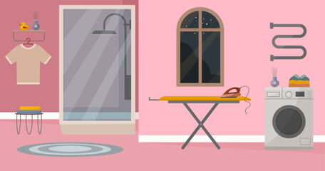 Modern bathroom interior with shower, washing machine, ironing board and large window. Cozy home bathroom with tiled walls, laundry area and minimalist decor. Vector flat illustration. 