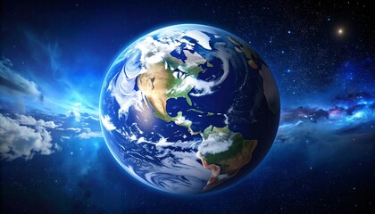 Fototapeta premium A detailed Earth image, centered, showcasing North and Central America, surrounded by a cosmic backdrop of nebulae and stars