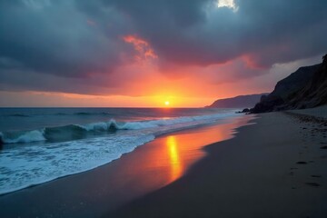Fototapeta premium Lonely, deserted beach at sunset; grey sky, waves crashing on shore, somber mood Feeling of solitude and melancholy Perfect for evoking sadness, loneliness, and contemplation , desolate, dark, bleak