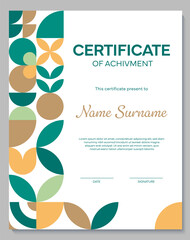 Diploma certificate of appreciation with geometric pattern. Modern achievement document template with abstract shapes in green, mustard and beige, featuring space for recipient name, date, signature