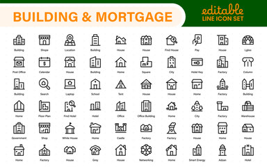 Building and Mortgage icon set. Includes house, real estate, bank, mortgage contract, property loan, home insurance, and foreclosure icons. Solid vector icon collection.