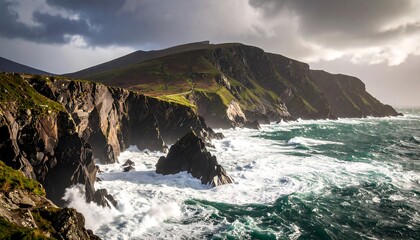 Obraz premium Dramatic coastal landscape with powerful waves crashing against rugged cliffs