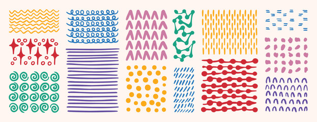 abstract pattern backgrounds and sketch dots texture with lines, stars, dots and circles. Hand drawn doodle colorful cute textures.