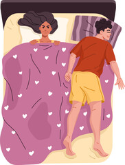 Couple in bed, woman lies awake looking frustrated while her partner sleeps sprawled out. Flat vector scene suggesting emotional distance or relationship tension in a shared bed setting, top view