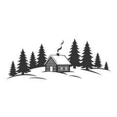 Obraz premium Simple black and white illustration of a cabin and pine trees in a winter landscape