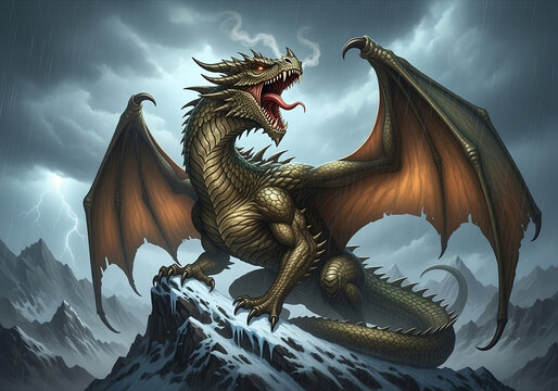 European dragon standing on the stone in the night storm. myth, European, imagination, backgrounds, art, Asian, occult, power, light, 3d, tattoo, sculpture, symbol, sign, audacity .