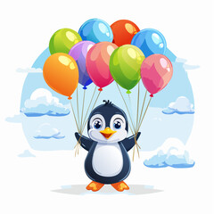 Obraz premium A hopeful penguin clutches balloons and tries to fly in this funny, heartwarming cartoon.