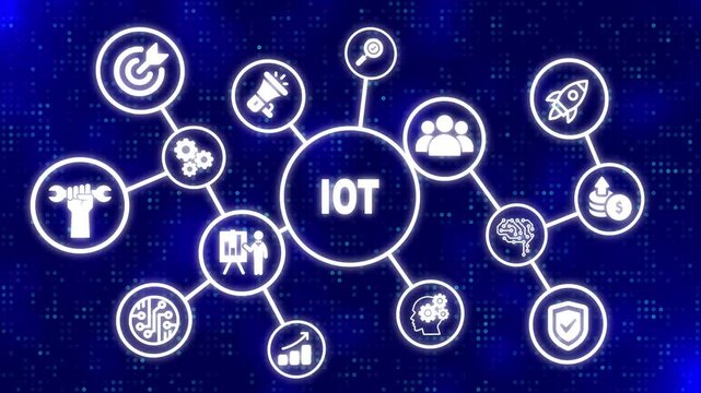 Internet of things - IOT concept. Businessman offer IOT products and solutions. Internet, business, Technology and network concept. Virtual button. Abstract technology dot background concept with alph