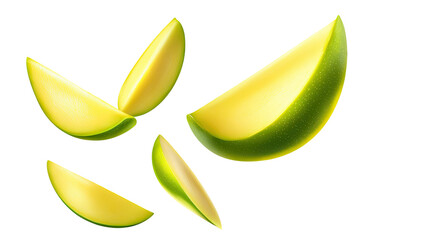 Title: Sliced Green Mango Fruit Pieces Isolated on White Background for Fresh Tropical Food Concepts