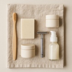 Naklejka premium Aesthetic Flat Lay of Eco-Friendly Bathroom Products – Bamboo Toothbrush, Soap, Loofah, Refillable Bottles