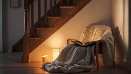 Cozy reading nook by stairs