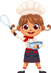 Happy cartoon girl chef in uniform holding a mixing bowl and whisk, showcasing culinary enthusiasm, bakery, cooking and readiness to bake. Vector cute child in toque prepares food, kid cook on kitchen