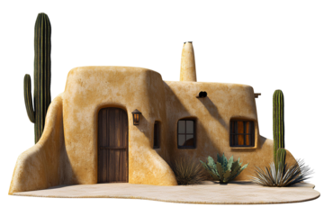3D rendering of a house made of sand with cactuses on transparent background