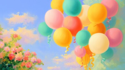 Obraz premium Vibrant balloons float joyfully against a dreamy sky with blooming flowers below