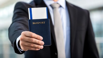 Business travel and global mobility transportation concept. A man in a suit presents a passport, suggesting travel and international readiness.