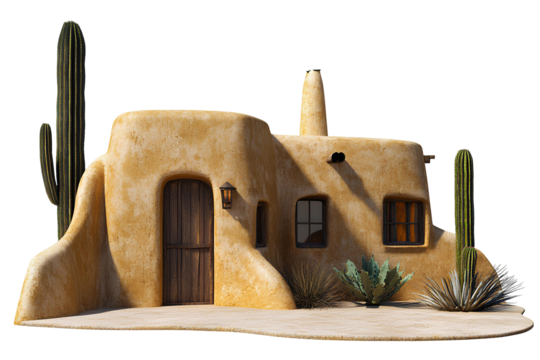 3D rendering of a house made of sand with cactuses on transparent background