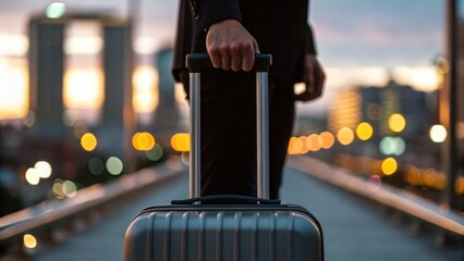 Business travel and global mobility transportation concept. A person holds a suitcase while walking on a city street at sunset, with bokeh lights in the background.