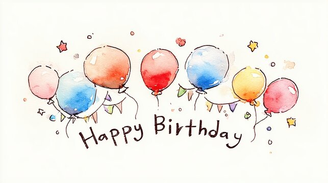 Joyful watercolor balloons and festive bunting celebrate a happy birthday with playful charm