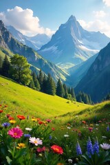 Fototapeta premium Serene alpine meadow nestled amongst towering peaks, wildflowers in bloom, bathed in golden sunlight Breathtaking vista of untouched nature , flora, wilderness, serenity
