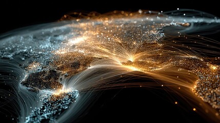 AI-powered cyber data streams connect blockchain nodes and neural networks in 3D visualization, showcasing innovation in cybersecurity, machine learning, and global data flow.