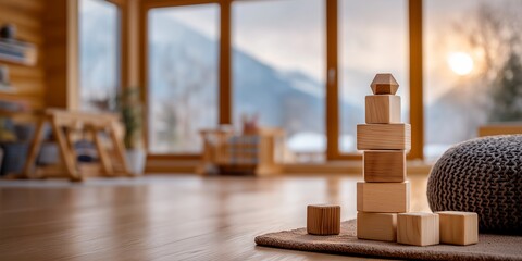A minimalist wooden toy set is arranged on a stone floor, showcasing a thoughtful composition. The warm light from large windows highlights the interplay of natural elements and calm aesthetics