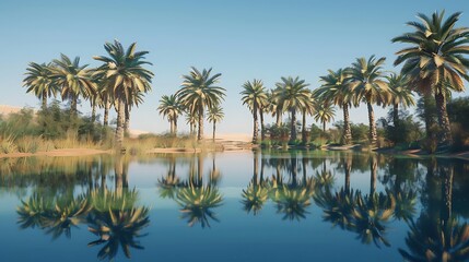 Fototapeta premium Rows of date palm trees reflected in a calm clear oasis