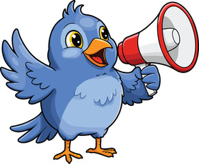 Cute cartoon blue bird holding megaphone, chirping loudly, communication mascot illustration, social media animal character, marketing alert vector