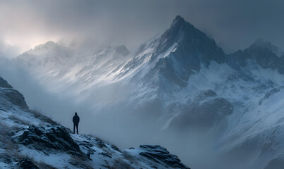 A lone figure stands silhouetted against a backdrop of snow-capped mountains and misty clouds