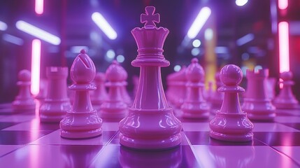 Pink chess queen in neon-lit, futuristic chess game