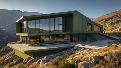 Obraz premium Dark Green Modern House with Glass Panels