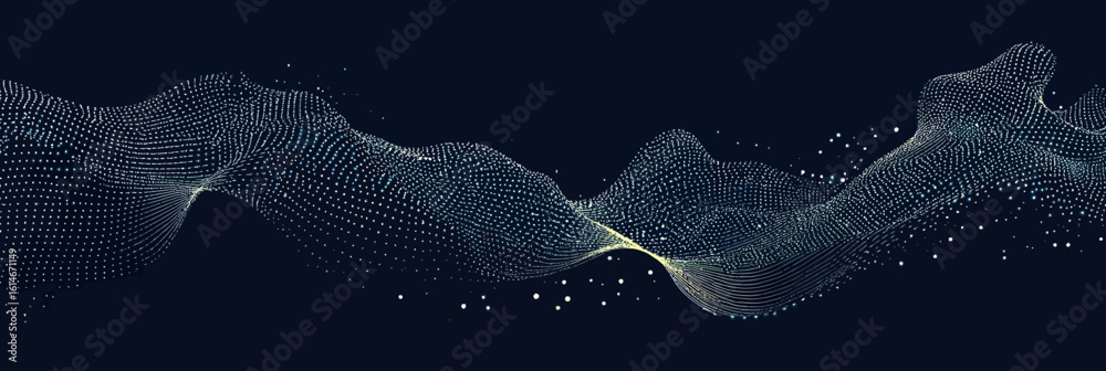Poster abstract flowing wave of glowing particle dots futuristic technology background with smooth curved m