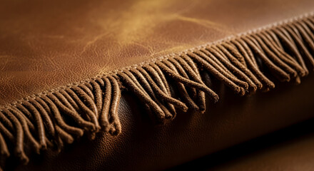 Detailed macro of rustic brown leather with a whisk-like fringe trim. Close-up on the textured surface and decorative tassels of a hide.