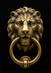 Ornate Lion's Head Door Knocker Against a Black Background