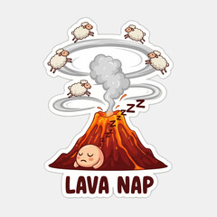 A whimsical cartoon depicts a sleeping character at the base of a erupting volcano with circling sheep