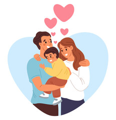 Young happy loving family. Husband and wife hugging with child. People relationship. Parents and son embrace. Mother and father standing and holding kid. Support cuddle. Vector concept