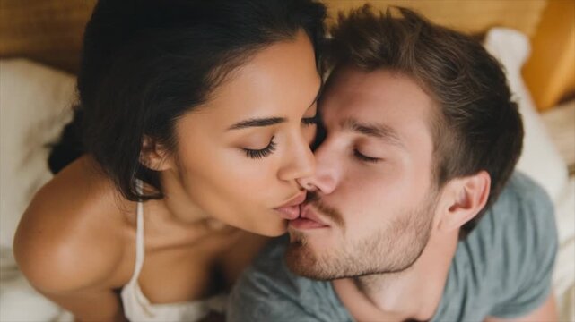 A beautiful woman with dark hair and tanned skin, smiling at her boyfriend in bed
