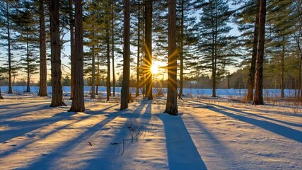 A serene winter forest at sunrise, with the sun's rays piercing through the trees and casting long shadows on the snow-covered ground - Powered by Adobe