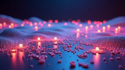 Glowing spheres and red cells on textured surface abstract