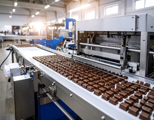 Fototapeta premium Chocolate candies on a factory conveyor belt