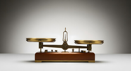 An elegant vintage brass balance scale with a wooden base, symbolizing justice, equality, and financial decision-making.