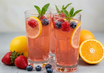 Freshly made fruity concoctions, bubbling in glasses with colorful berries and zesty lemon.

