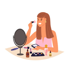 Girl does her makeup with brush. Woman takes care of her beauty. Cosmetics routine. Female sitting in front table mirror. Person applying lipstick and face foundation. Vector concept
