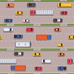 Freeway with cars and trucks top view. Automobiles traffic seamless pattern. Urban transportation. Repeated boys print. Town highway road. Transport drive on speedway. Vector background