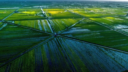 Aerial view of vast, verdant rice paddies intersected by irrigation canals