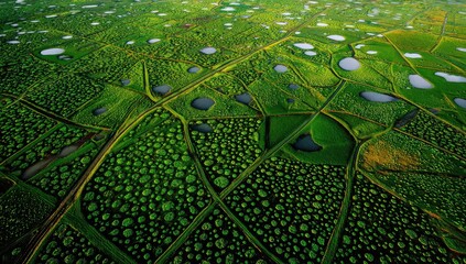 Aerial view of a vast, patterned landscape with numerous small, round ponds interspersed amongst vibrant green vegetation
