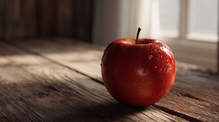 A minimalist still life of a single, perfect, shiny red apple on a rustic wooden surface, symbolizing the autumn harvest and health.