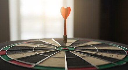A single red dart hits the exact center bullseye of a dartboard, illuminated by warm background light.
