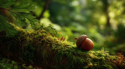 An extreme macro shot of a single, perfect acorn resting on a beautiful, mossy tree branch, a classic harbinger of the fall season.